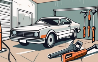 A car door being replaced with various tools around