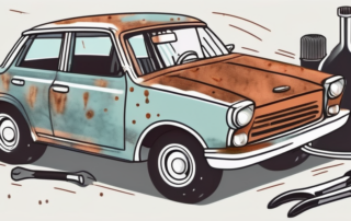 A car with small rust spots being treated with various tools and products