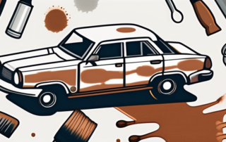 A car with visible rust spots on one side and a shiny