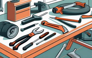 A well-organized workshop with various tools like hammers