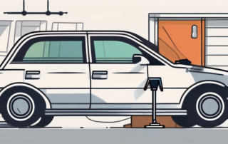 A car with visible defects (like a flat tire and broken headlight) in a garage