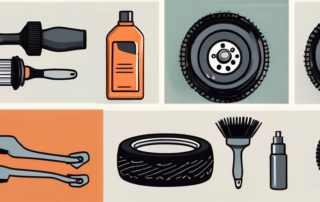 Various types of rubber tires being cleaned and maintained with different tools and products