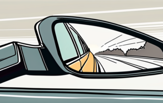 A car's rear view mirror with a reflection of a road