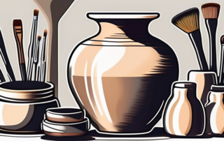 A shiny ceramic vase and pottery wheel