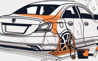 A car with a visible dent being repaired with professional tools