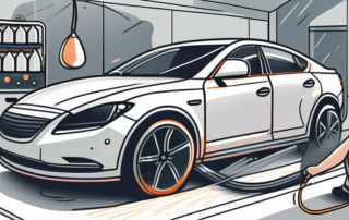 A car with visible scratches being polished by a mechanical buffer