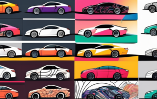 Several cars with different types of colorful and unique vinyl wrap designs