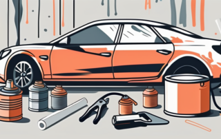 A car being spray painted with various tools like a spray gun