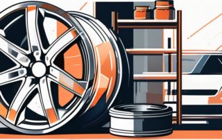A set of car rims being polished with various tools and products