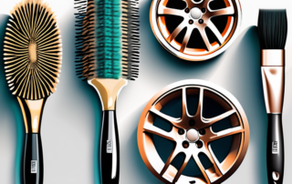 A variety of high-quality brushes next to sparkling clean car rims