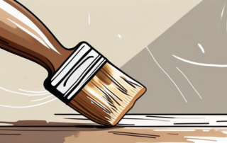 A paintbrush removing excess clear varnish from a wooden surface