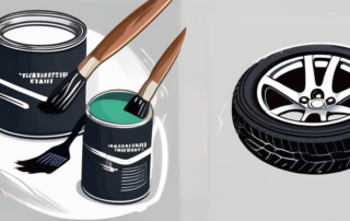 A car tire with a paintbrush and a can of paint next to it