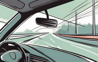 A car on a highway with the perspective from the driver's rear-view mirror