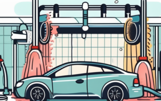 A car wash facility with various cleaning tools such as sponges