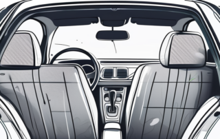 A car interior with various cleaning products like spray bottles