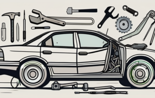 A car door partially disassembled with various repair tools around it