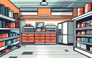 A bustling automotive parts store with shelves filled with various car parts