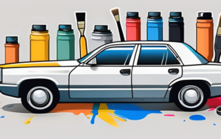 A car partially covered with painter's tape and various painting tools like spray cans