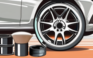 A set of car rims with various tools like a brush