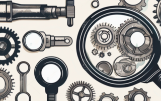 A magnifying glass hovering over a variety of machine parts