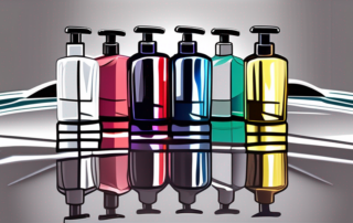 Several different car polish bottles on a shiny car hood