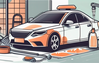 A car being washed with various car washing tools such as a bucket