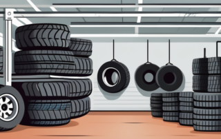 A garage setting with various types of tires being stored properly