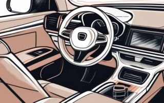 A car interior focusing on the leather seats and dashboard