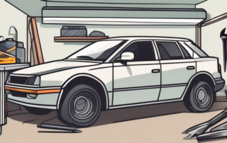 A car in a garage with various tools and parts around