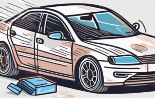 A car with visible plastic scratches on the surface and a set of car care products nearby