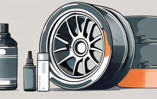 A set of car rims with peeling spray film and some tools nearby