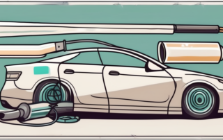 A car exhaust pipe with a patch and tools like a wire brush