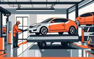 A variety of cars of different models and colors being repaired and serviced in a well-equipped