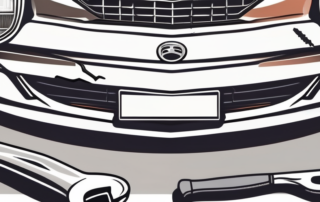 A damaged car bumper with tools such as a hammer