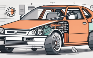 A car partially disassembled with various parts laid out