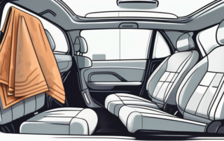 A vehicle interior with various cleaning tools like vacuum