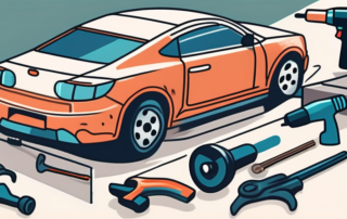 A car with visible dents being repaired using various tools