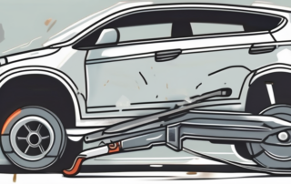 A dented car panel with a tool kit nearby