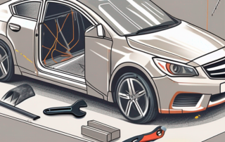 A car with minor scratches being repaired with various tools and products
