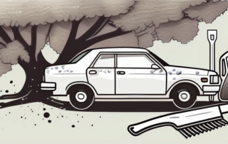 A car parked under a tree with visible bird droppings on it
