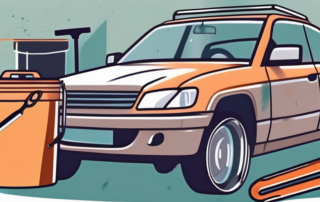 A car with visible paint damage and a set of tools typically used for vehicle paint repair