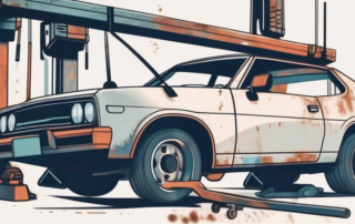 A car on a lift with different tools around