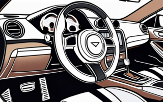A car interior showcasing a variety of tuning elements such as a stylish steering wheel