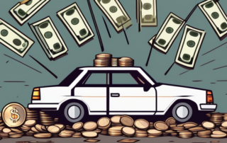 A damaged car with a "for sale" sign on it