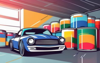 A variety of car paint cans with different colors and a car being painted in a vivid color in a garage setting