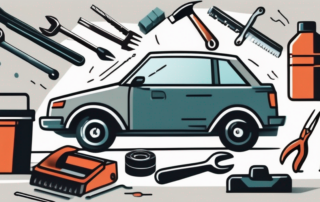 A car in a garage with an open hood and various tools scattered around