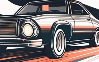 A car on a dark road with its headlights shining brightly