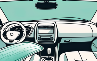 A car interior focusing on the windshield with cleaning tools like a microfiber cloth and a spray bottle of cleaner placed on the dashboard