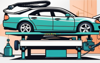 A car being lifted on a hydraulic lift