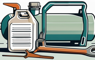 A dented gas tank and a set of repair tools next to it